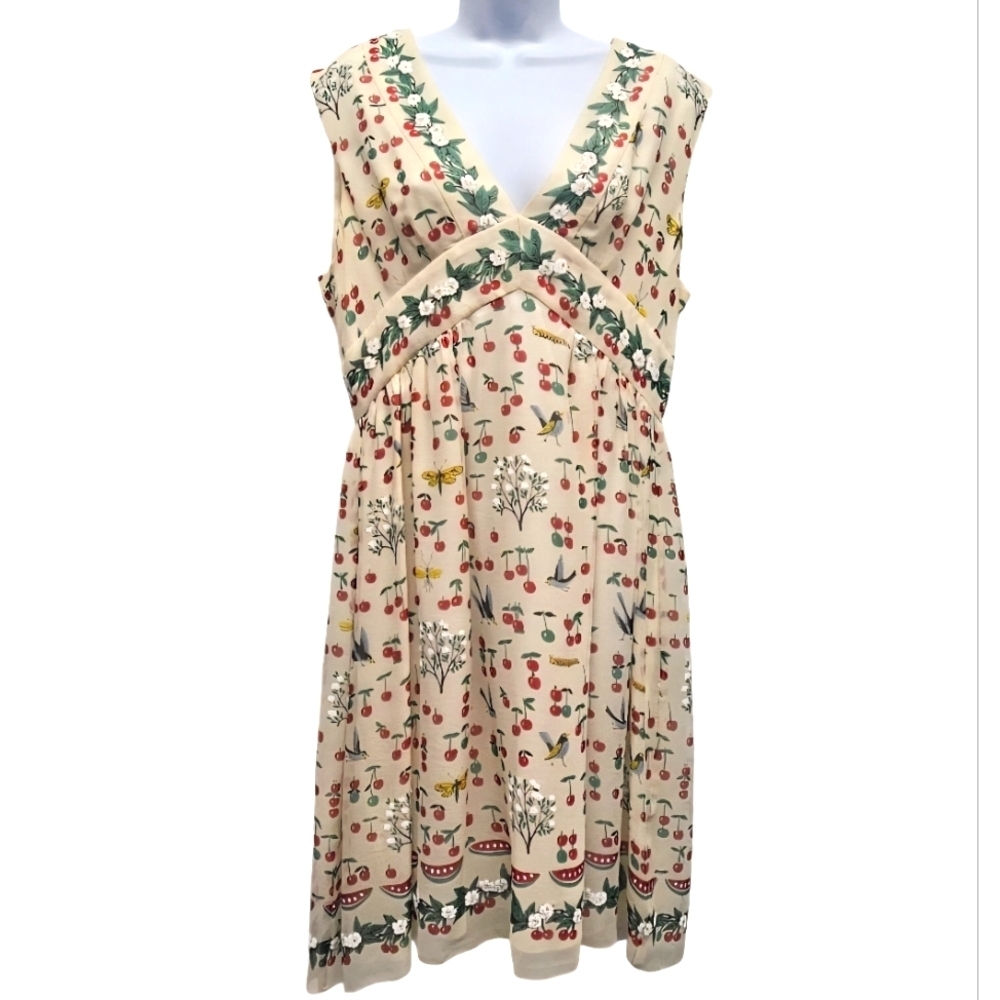 Anna Sui Anthropologie Silk Cherry Sleeveless Dress Cottagecore Pinup Size 12